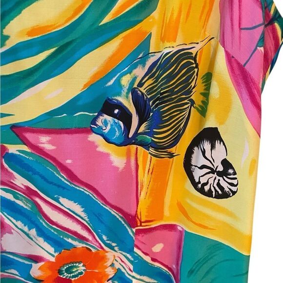 Bindi Sz L Vintage Hawaiian Vibrant Yellow Fish Print Sleeveless Tank Dress - Picture 4 of 8